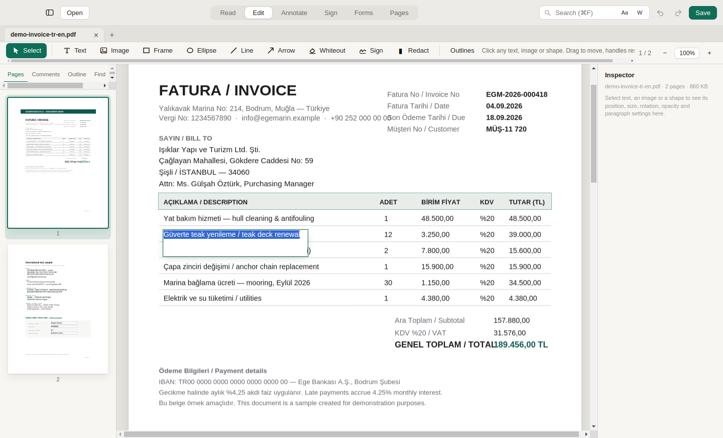 VARAK editing a line of a Turkish invoice, with the caret inside the text